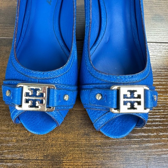 Tory Burch Natalya pebbled leather wedge open toe shoes Blue Size 6.5 - Picture 3 of 11